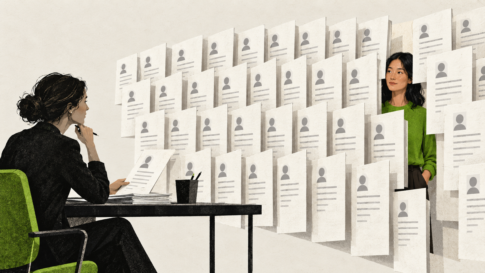 A recruiter reviews similar application sheets while a candidate is partly hidden behind them.